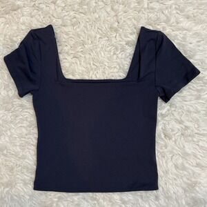 Babaton Contour Squareneck Top Womens Small Navy Blue Excellent Short Sleeve